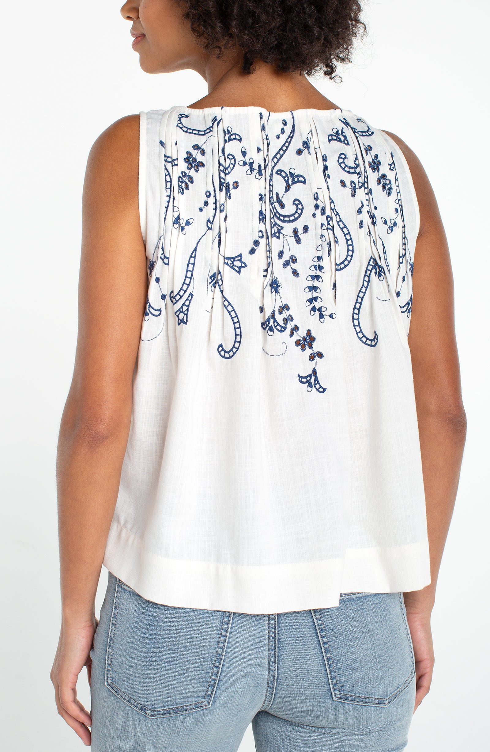 Sleeveless Boat Neck Woven Top w/ Pintucks