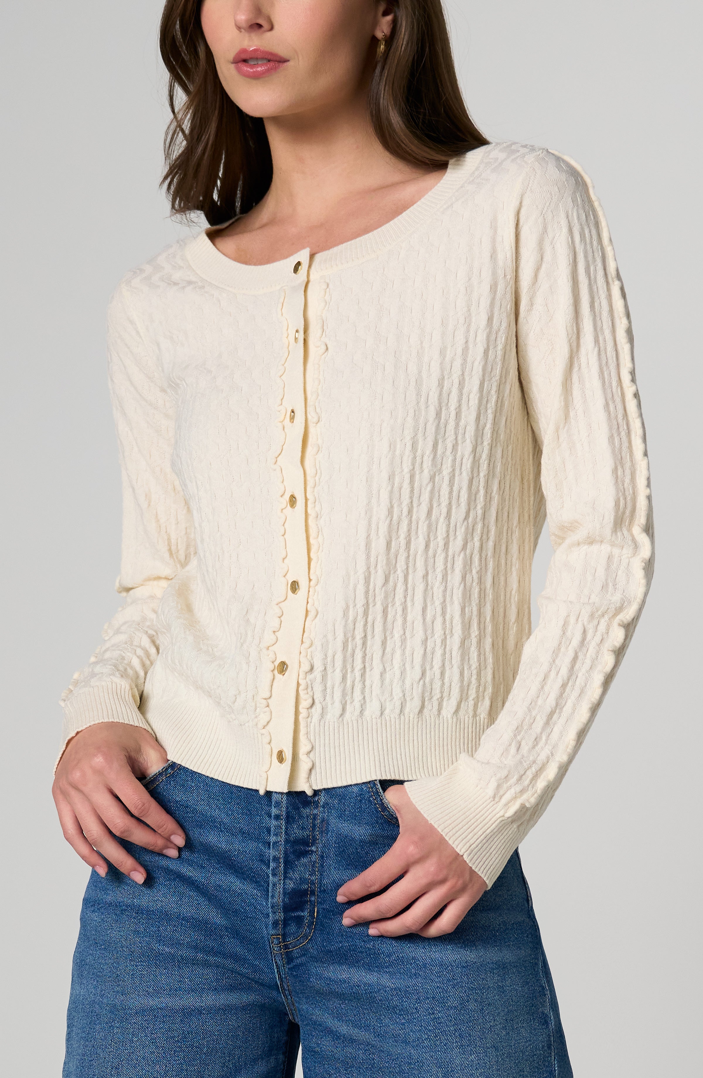 LS Button Front Cardigan Sweater W/ Ruffles