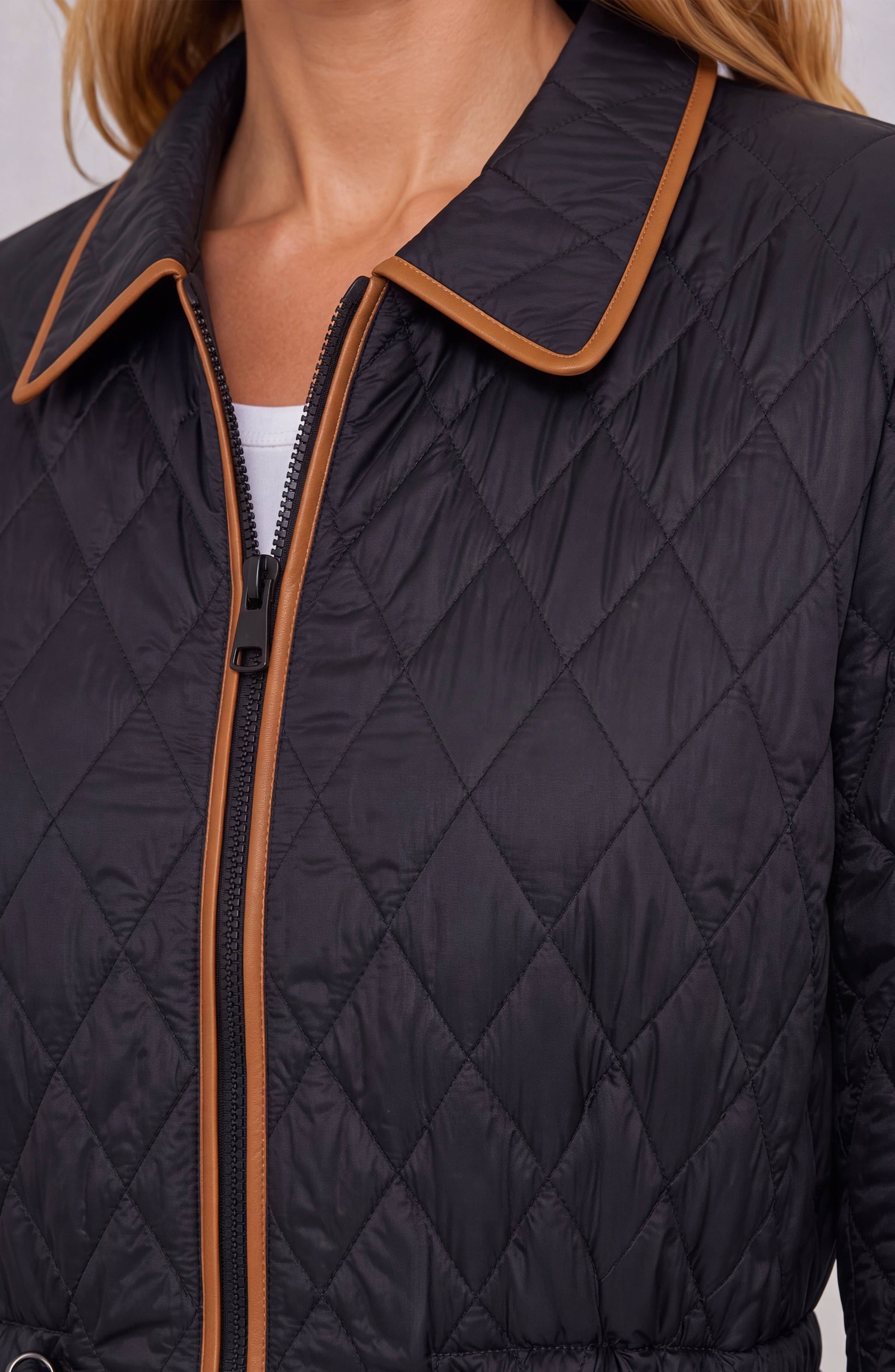 Zip Front Quilted Coat w/ Cinched Waist
