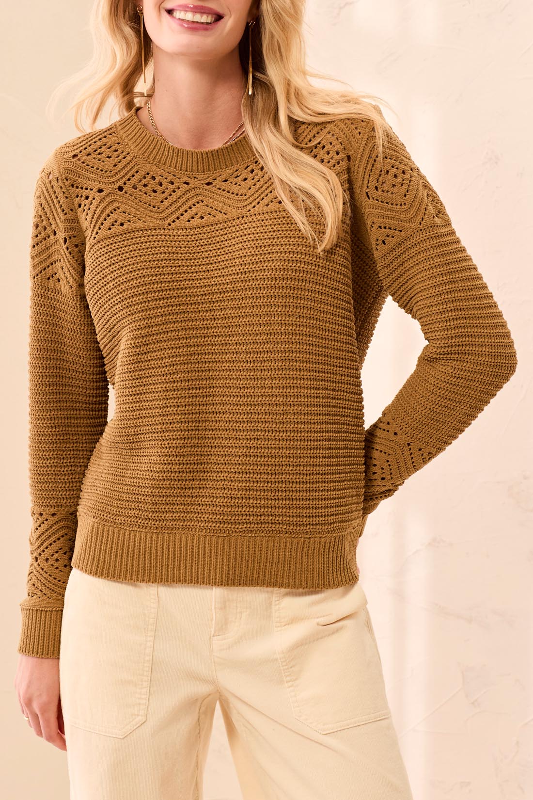 L/S CREW NK SWEATER W/ POINTELLE DTL-DULLGOLD