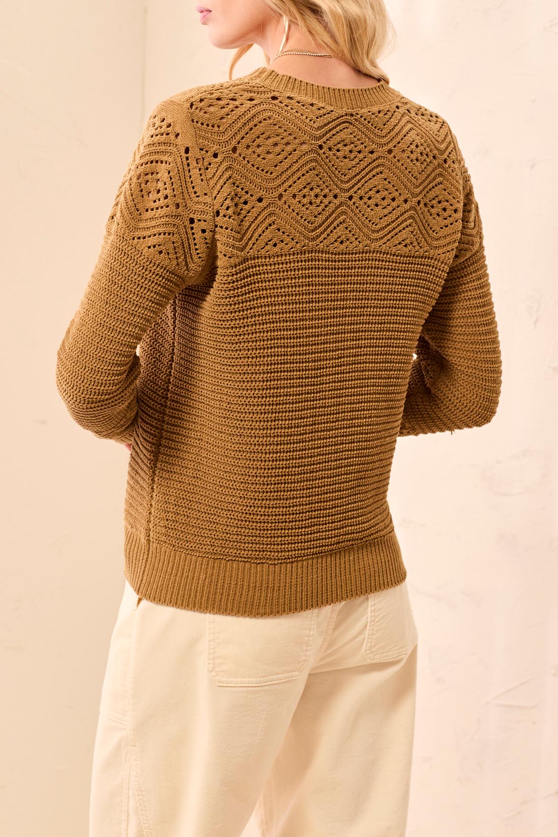 L/S CREW NK SWEATER W/ POINTELLE DTL-DULLGOLD