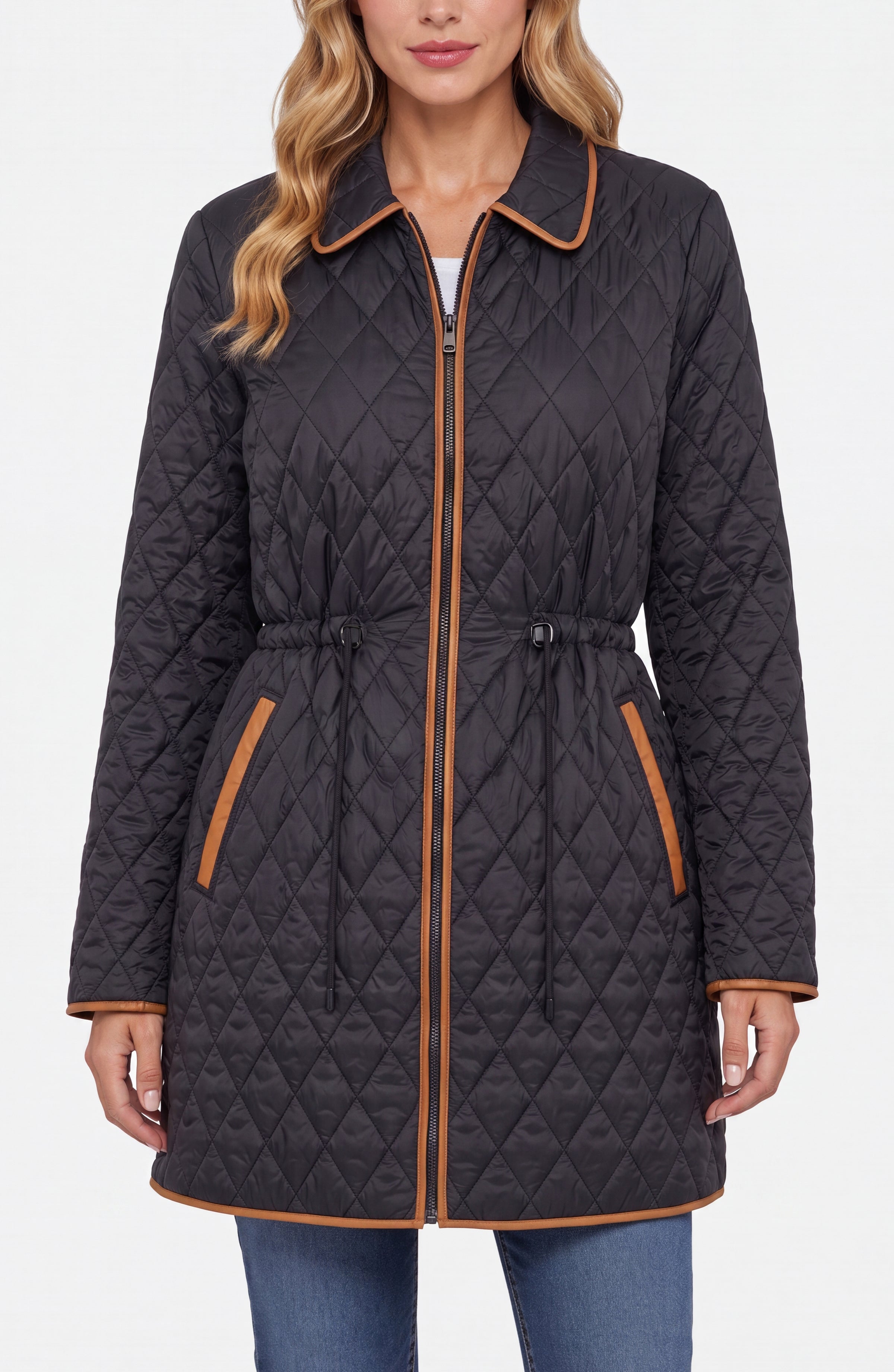 Zip Front Quilted Coat w/ Cinched Waist