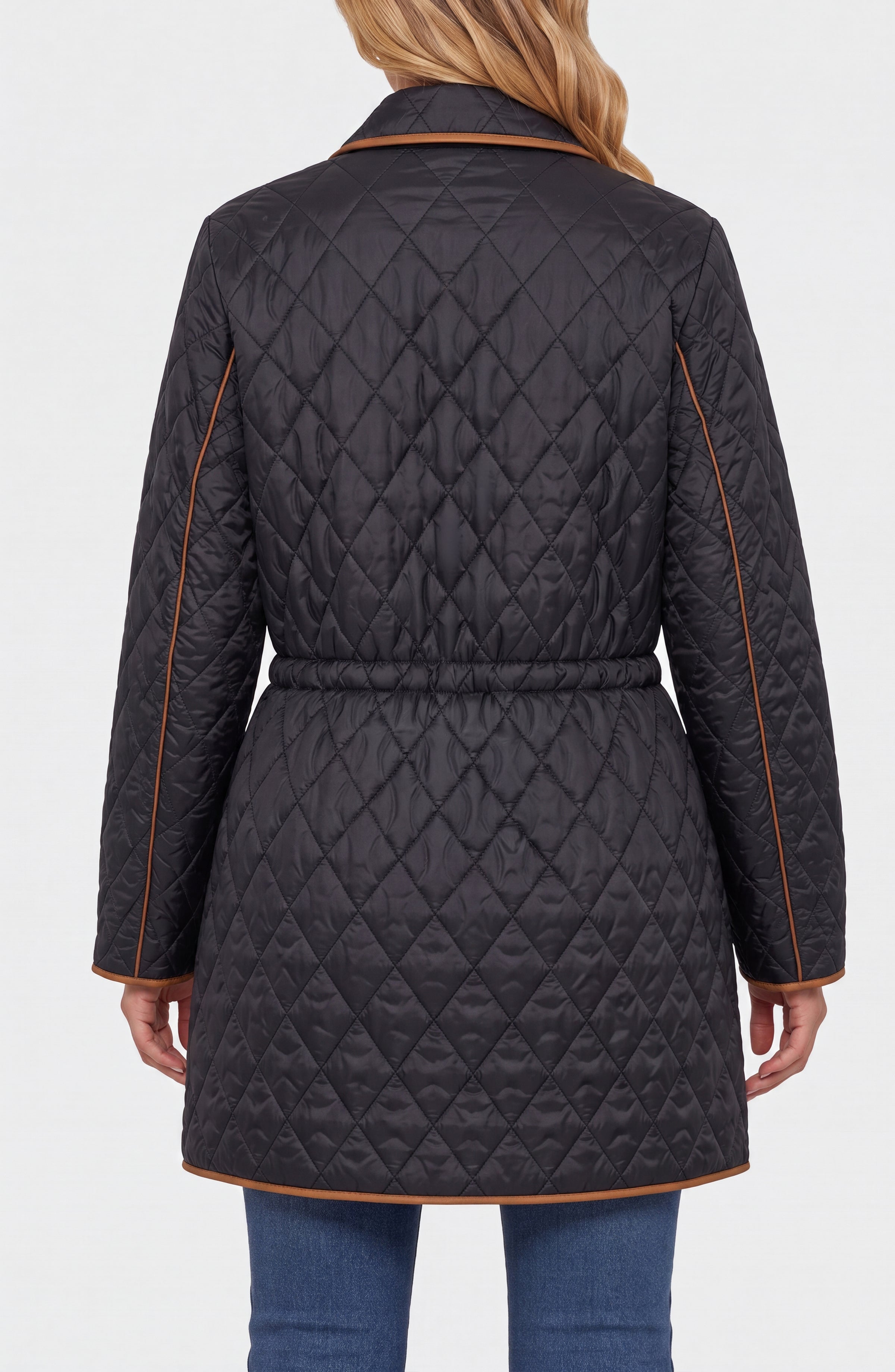 Zip Front Quilted Coat w/ Cinched Waist