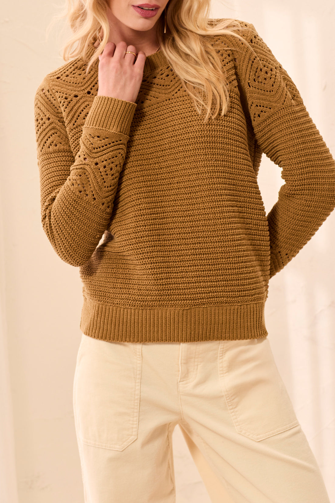 L/S CREW NK SWEATER W/ POINTELLE DTL-DULLGOLD