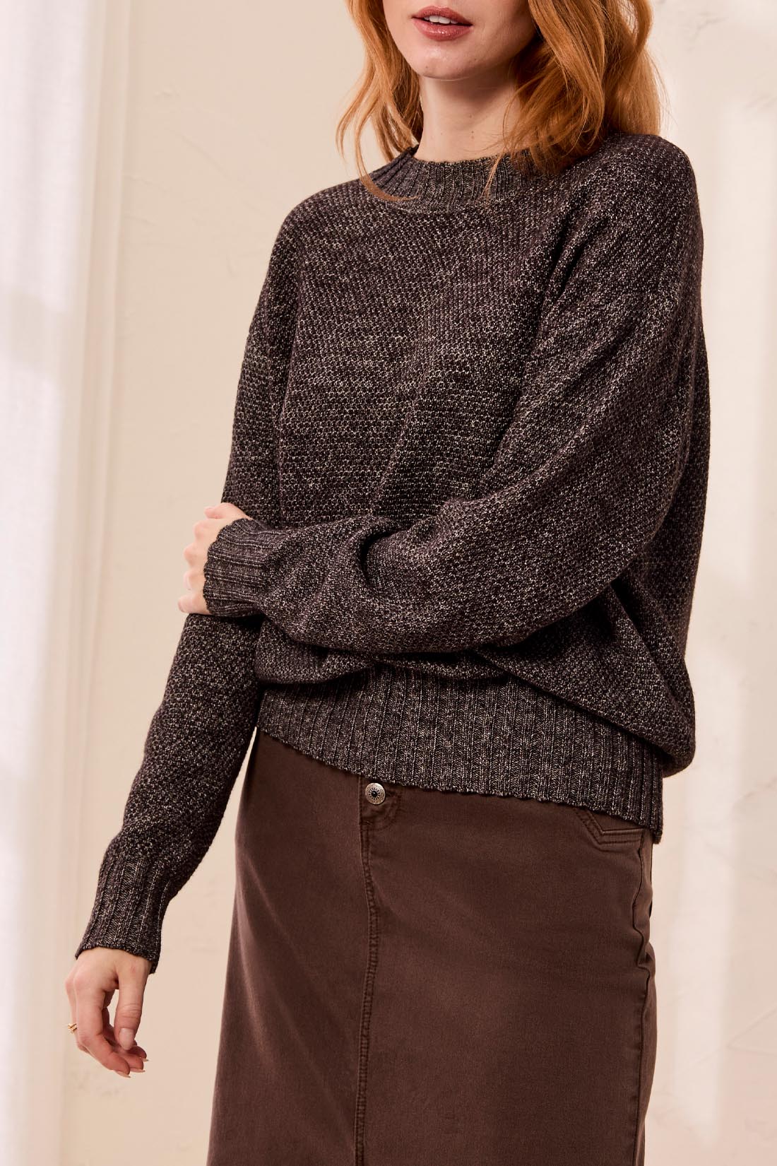 CREW NECK HIGH LOW  SWEATER-H ANTIQUEWHITE