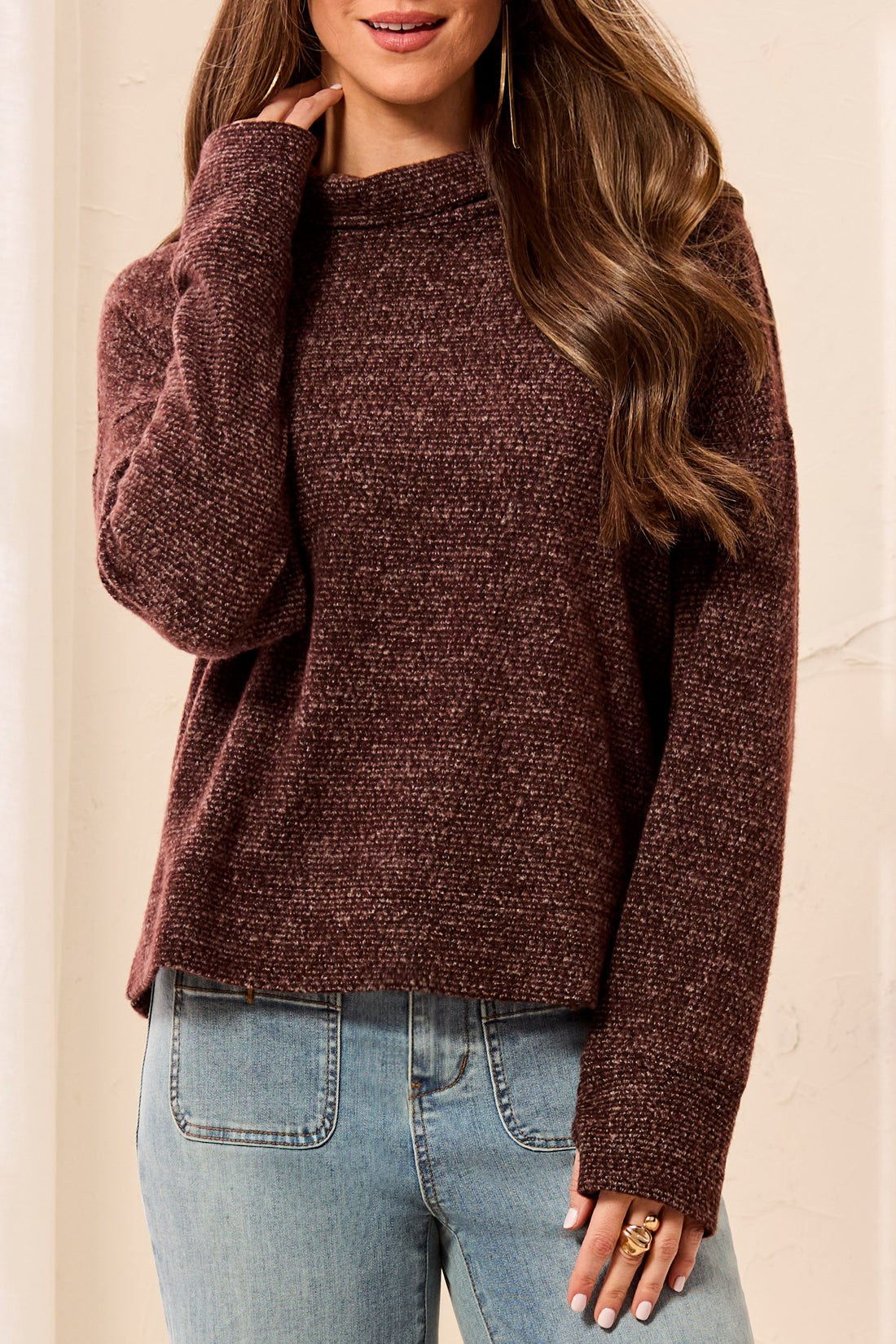 L/S FUNNEL NECK TOP-HICKORY
