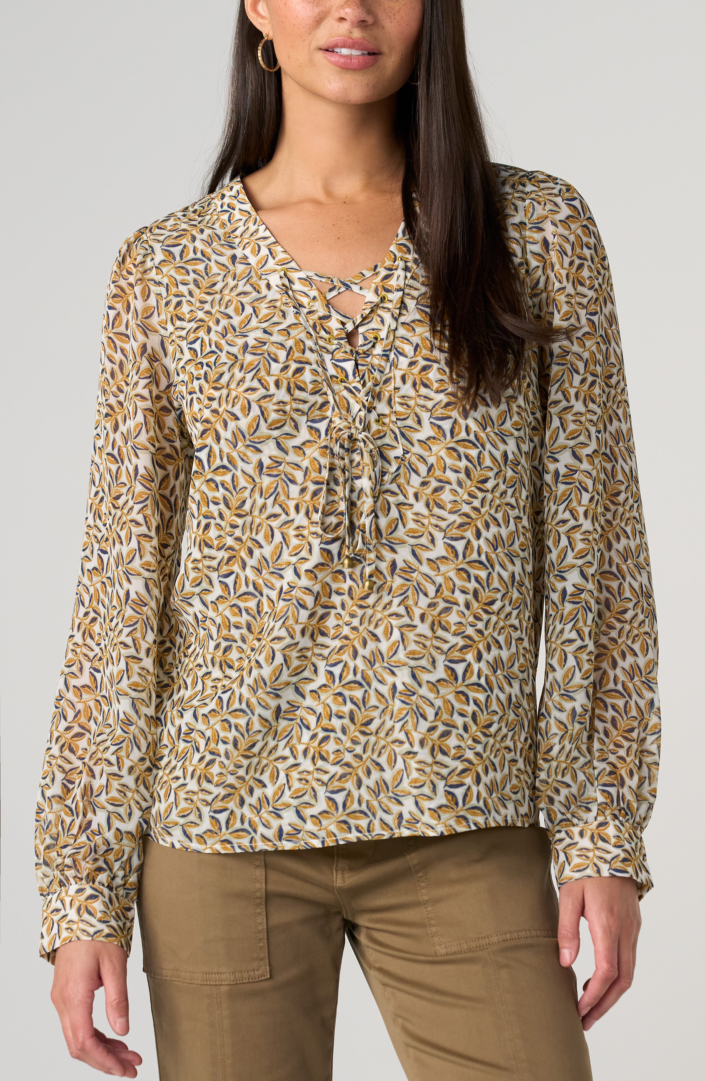 LS Lace Up Front Woven Blouse