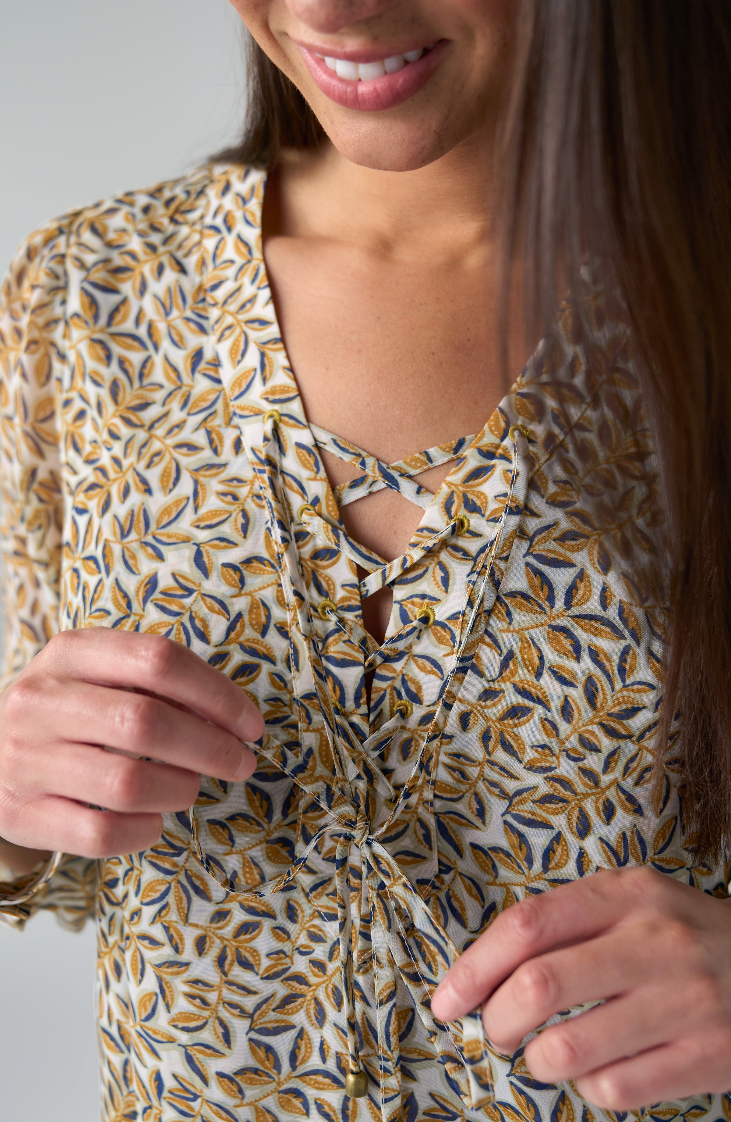 LS Lace Up Front Woven Blouse
