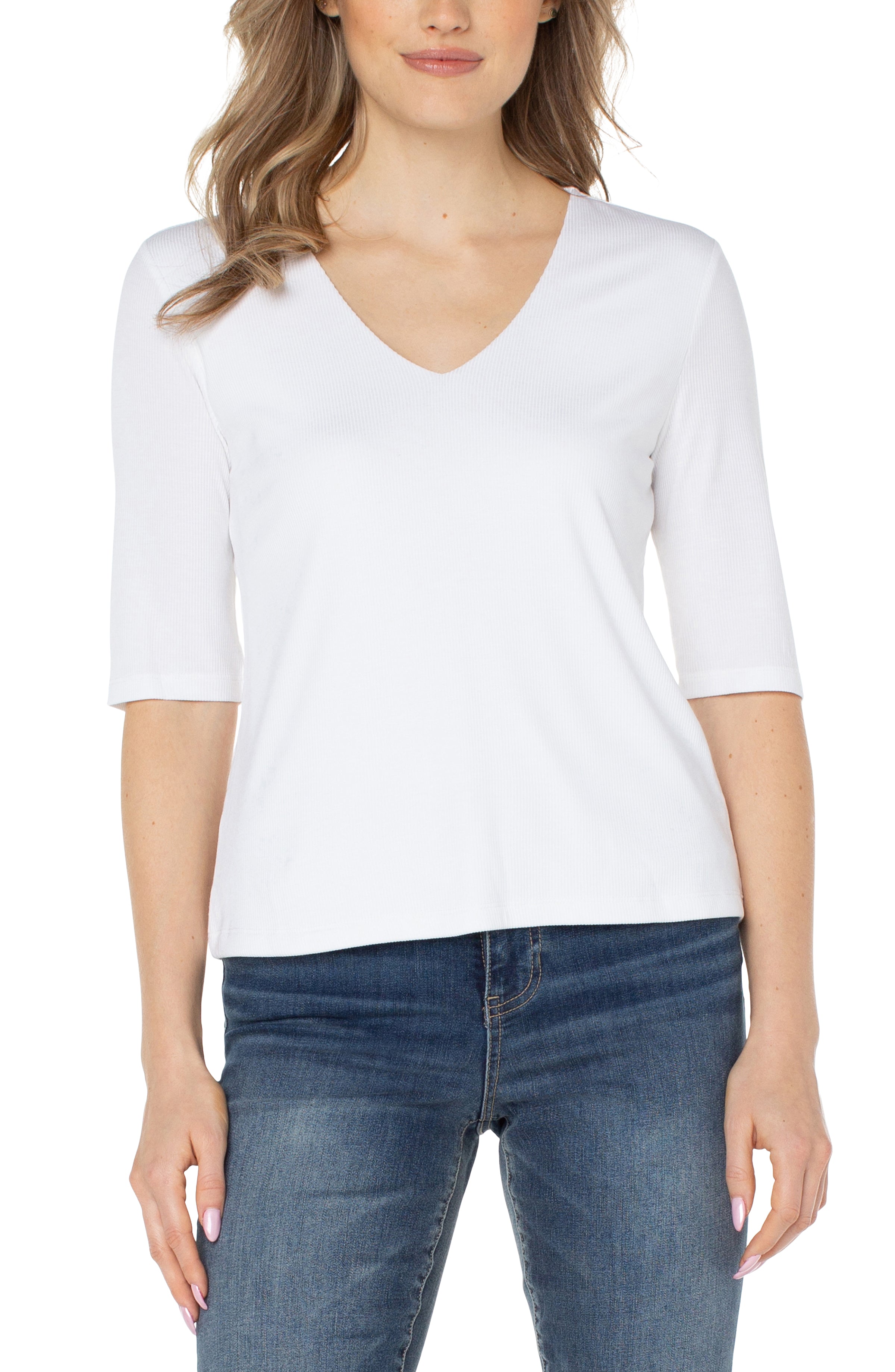 Double Layer V Neck 1/2 Sleeve Rib Knit Top