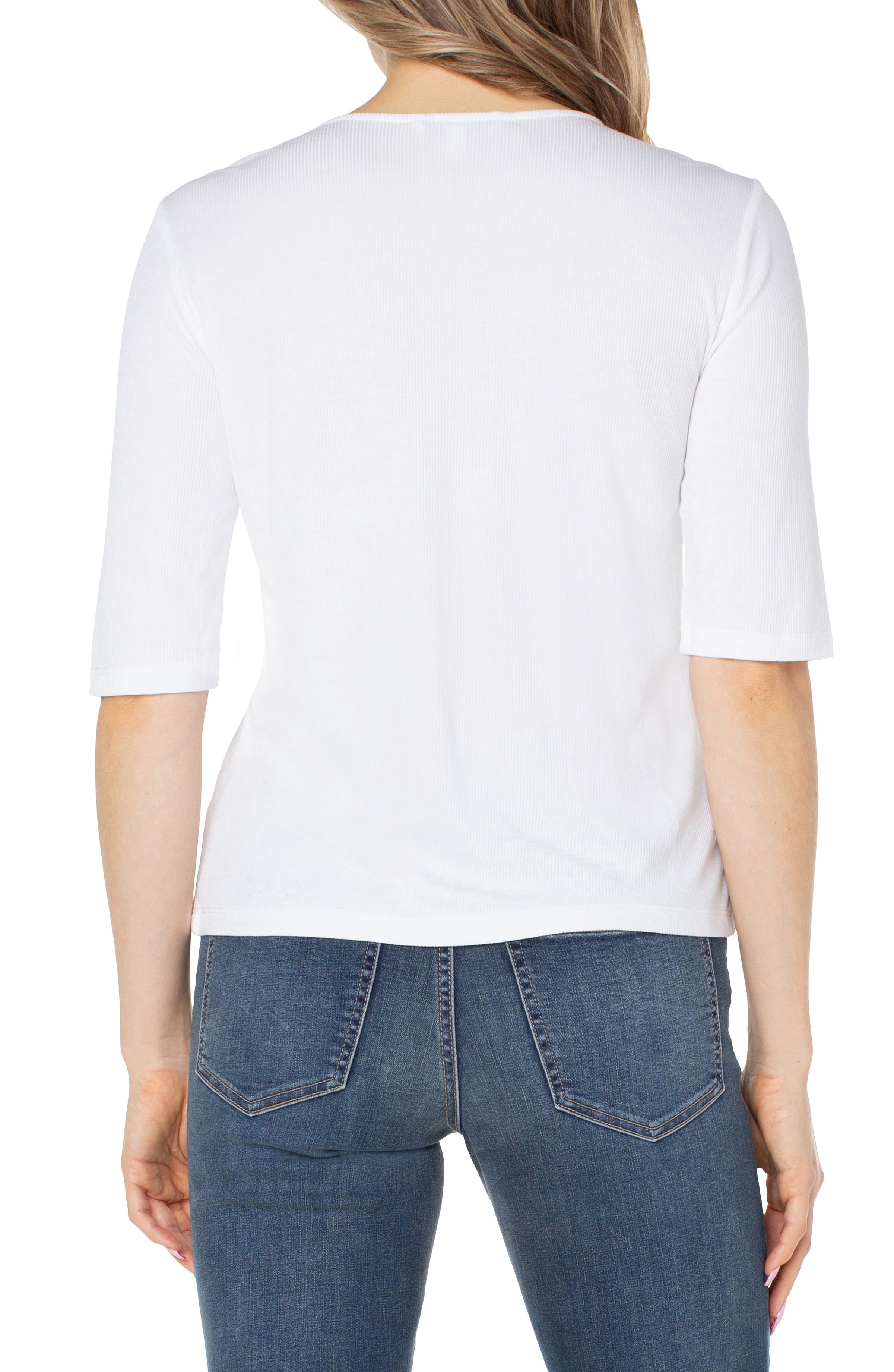Double Layer V Neck 1/2 Sleeve Rib Knit Top