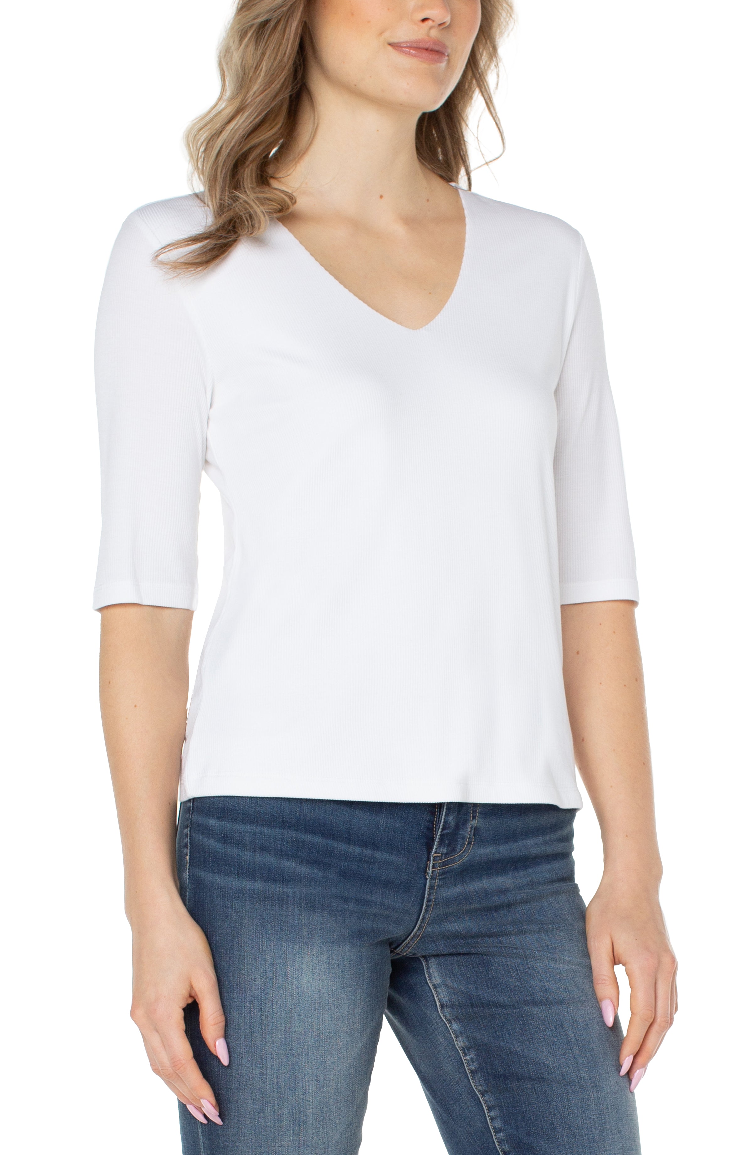 Double Layer V Neck 1/2 Sleeve Rib Knit Top