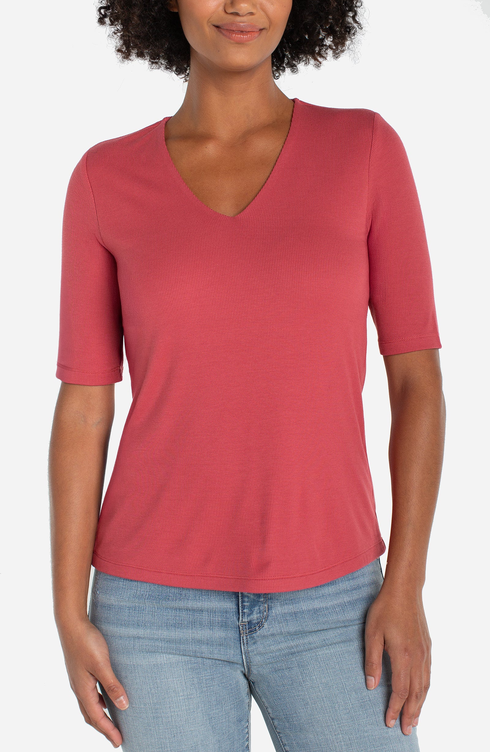 Double Layer V Neck 1/2 Sleeve Rib Knit Top