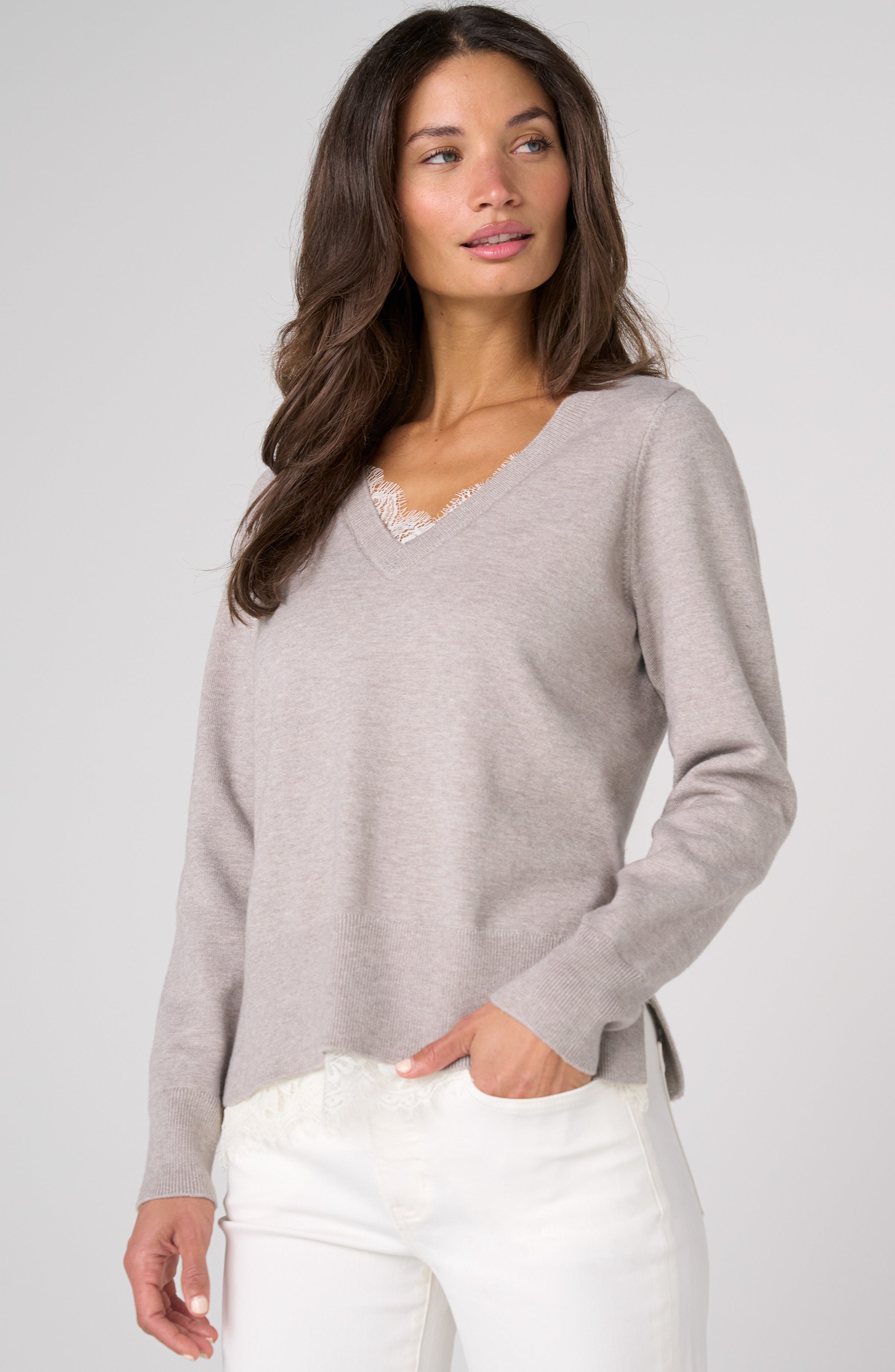 V Neck LS Sweater w/ Lace