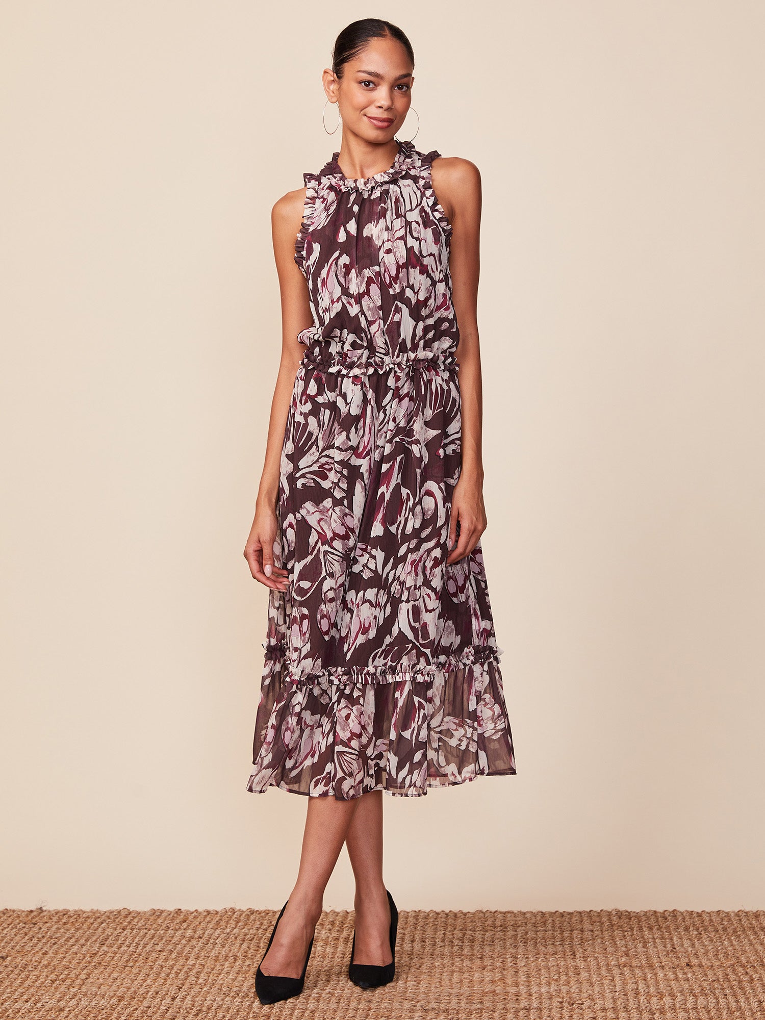 Sleeveless Printed Ruffle Midi Dress