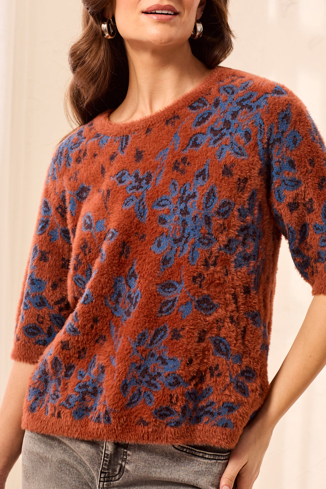 ELBOW SLV CREW NECK SWEATER-MAPLE
