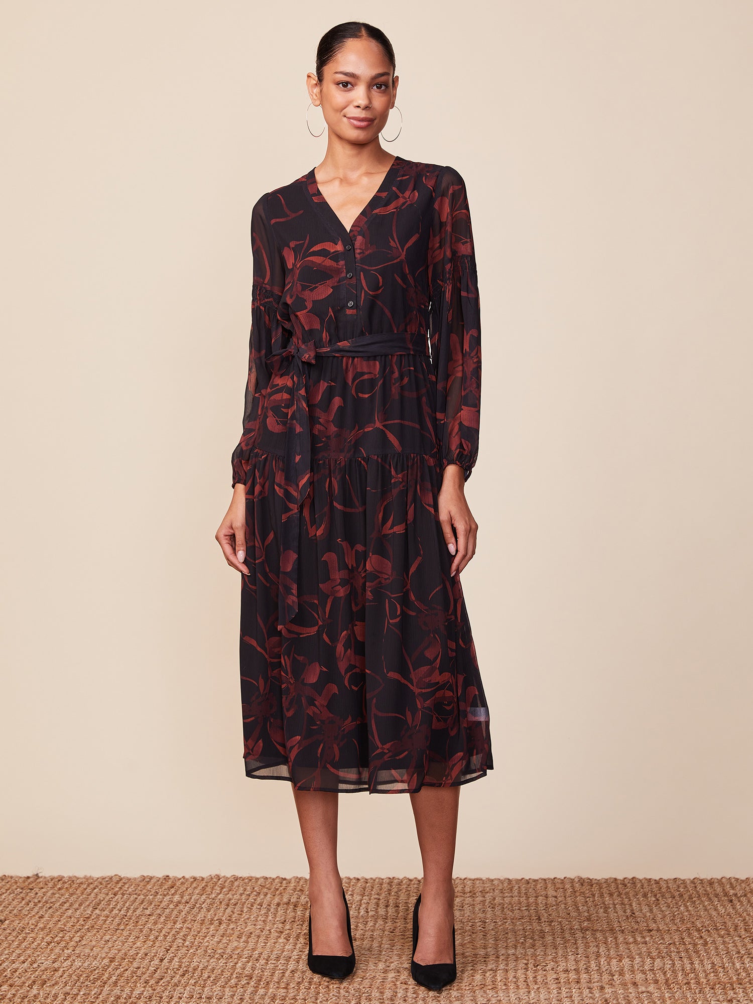Long Sleeve Belted Printed Midi Dress