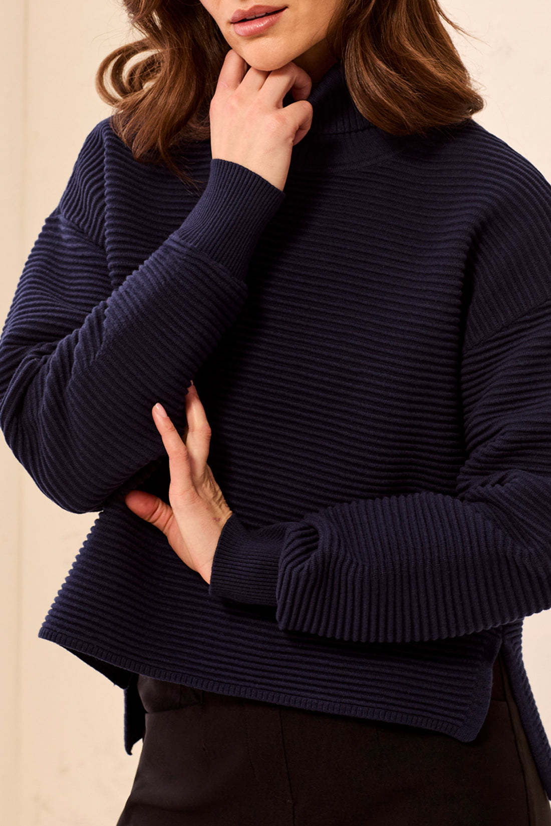 T-NECK HIGH LOW SWEATER W/ SIDE SLITS