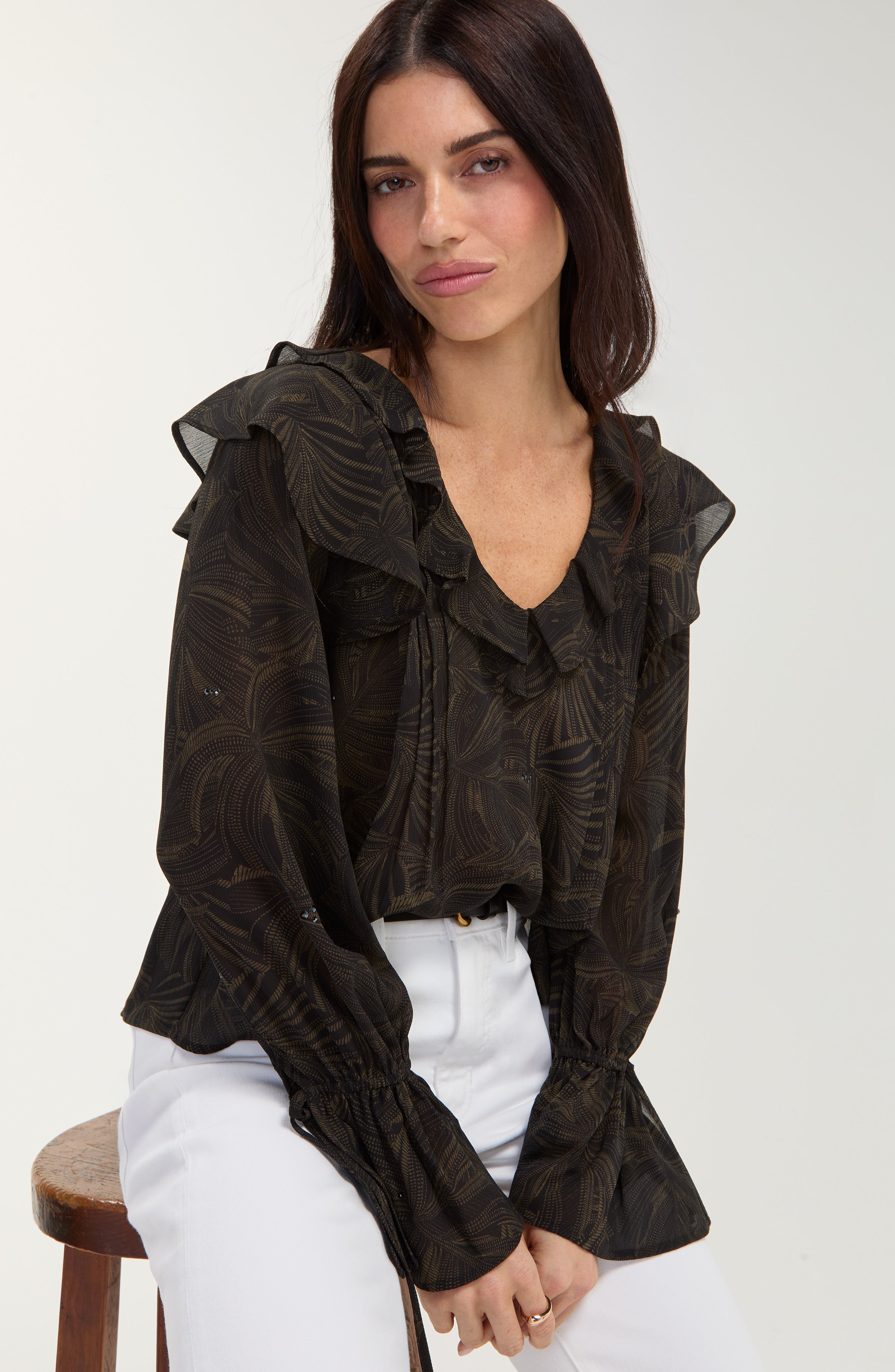 LS Double Ruffle V Neck Woven Blouse
