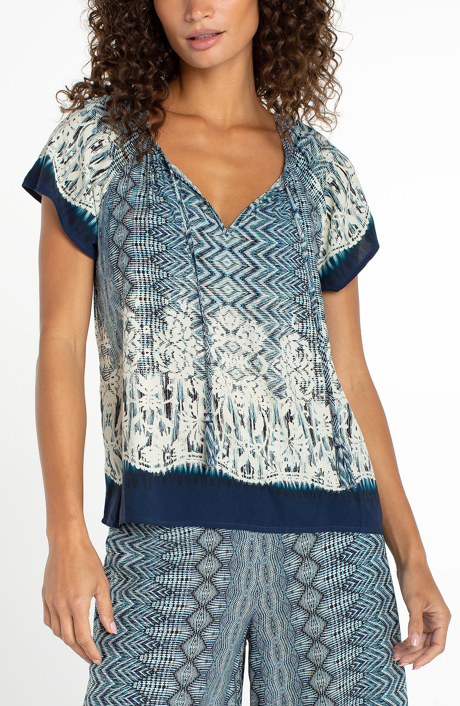 Short Sleeve Woven Top w/ Front Tie Detail