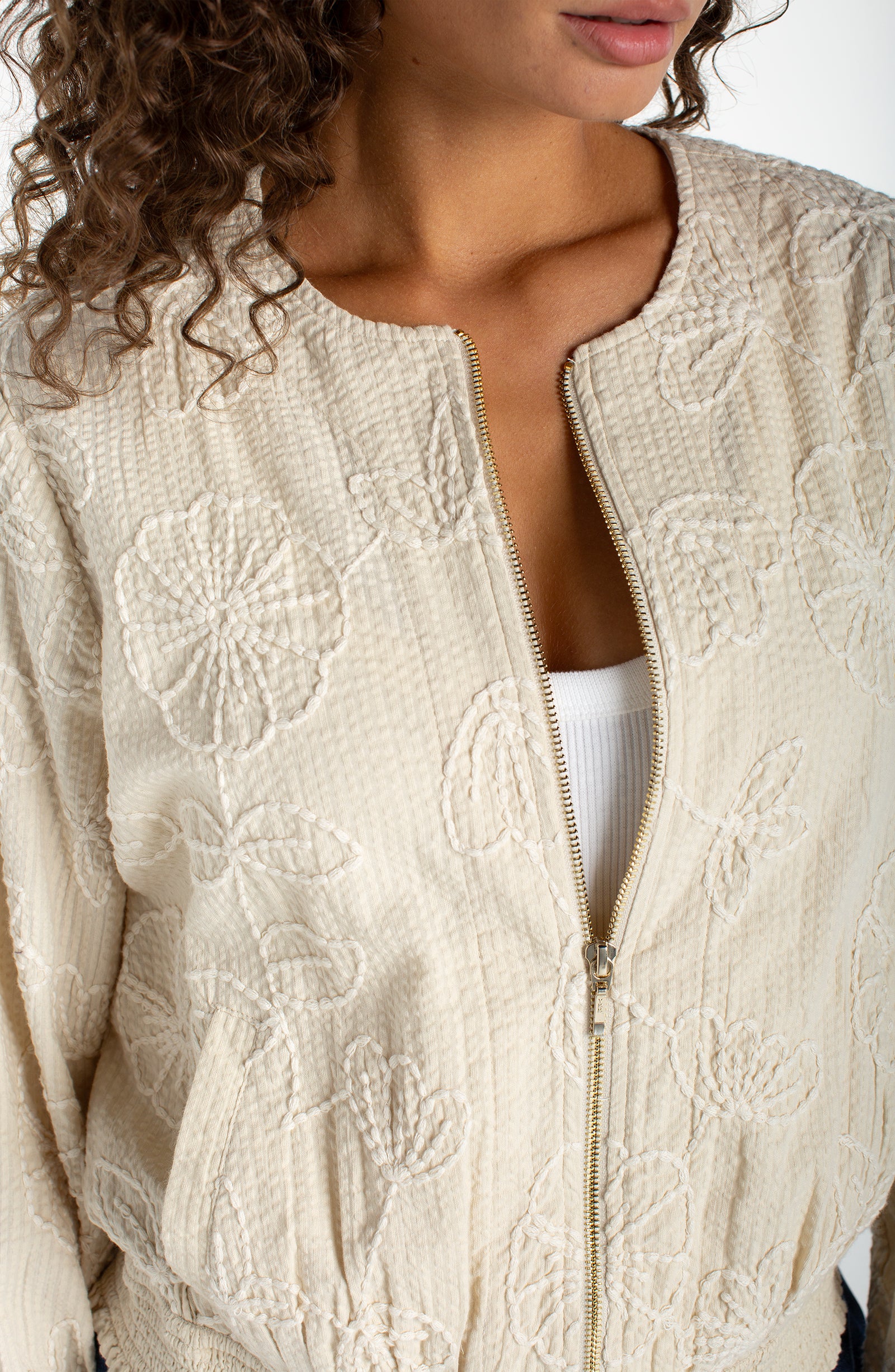 Long Sleeve Collarless Jacket w/ Smocking