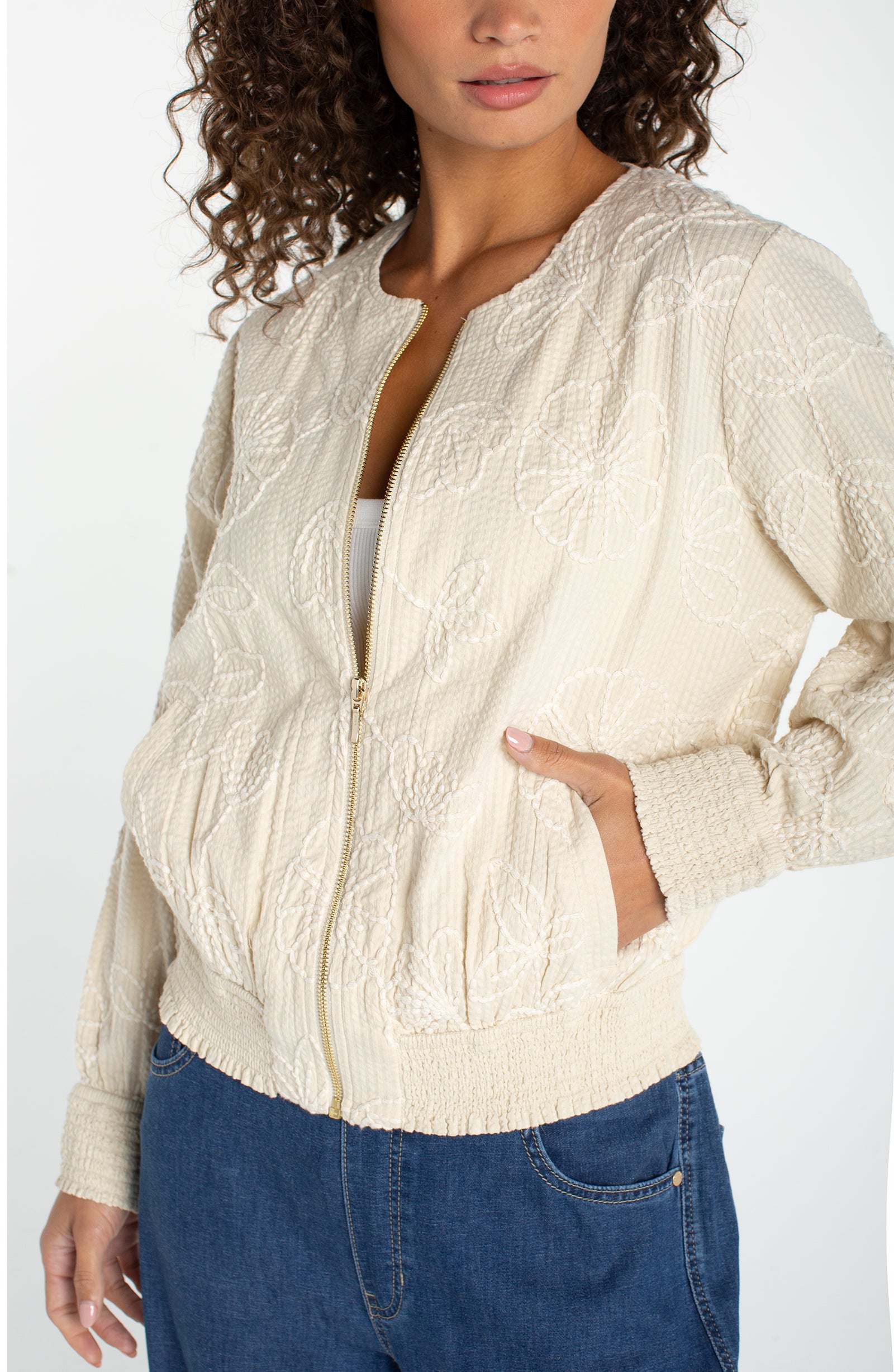 Long Sleeve Collarless Jacket w/ Smocking