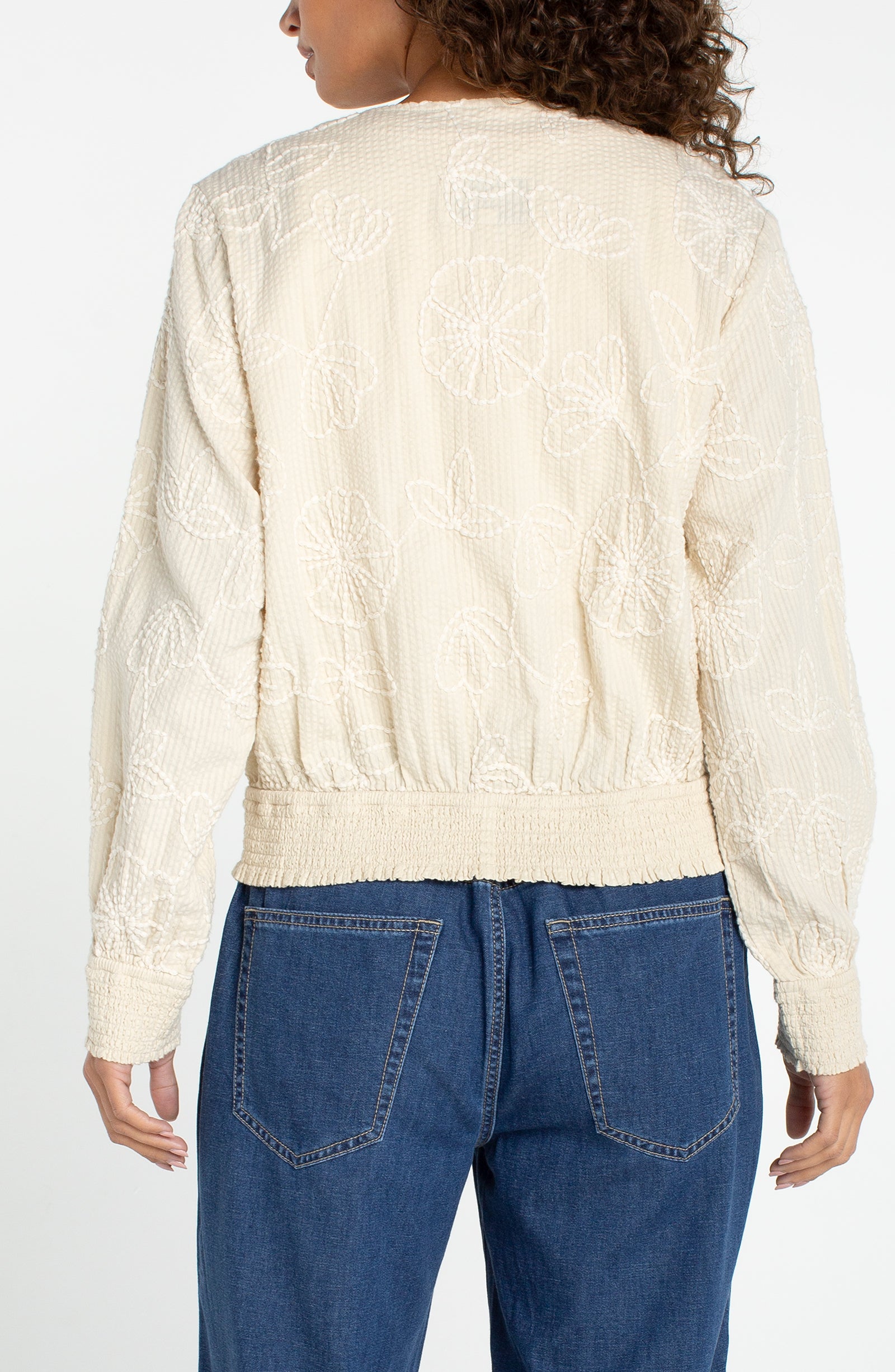 Long Sleeve Collarless Jacket w/ Smocking
