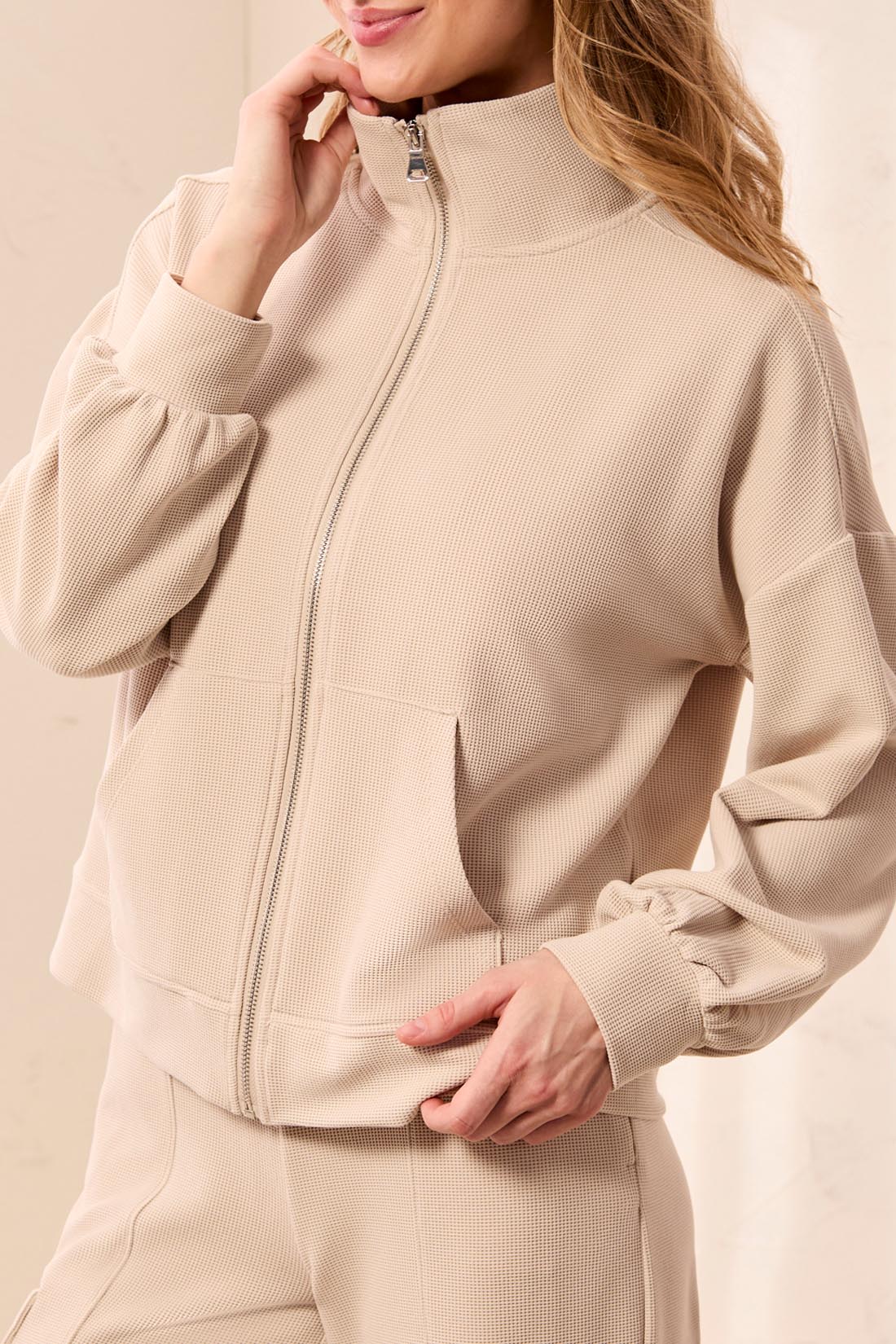 L/S MOCK NECK ZIP CARDIGAN W/POCKET-SANDDUNE