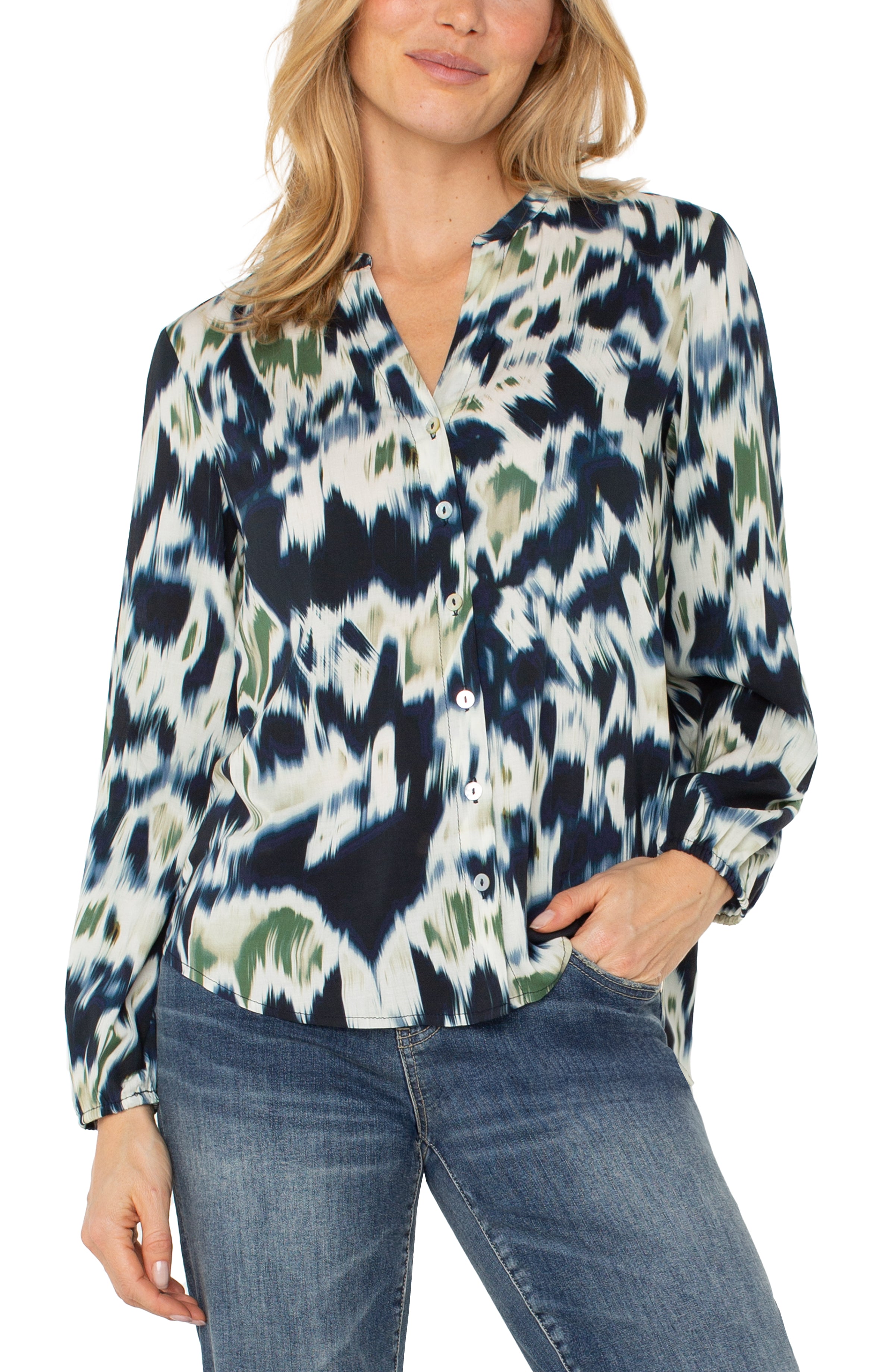 Long Sleeve Button Front Shirred Woven Blouse