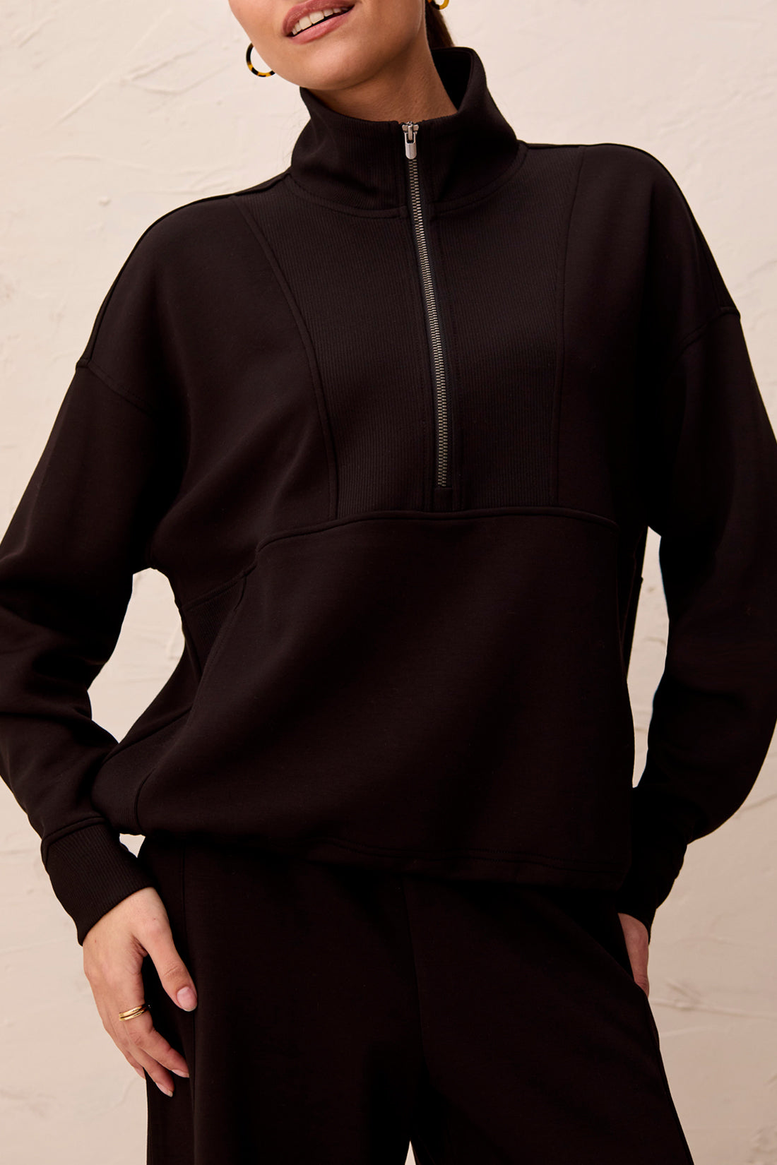 L/S MOCK NECK TOP W/ZIPPER-BLACK