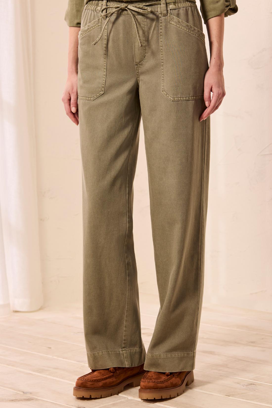 AUDREY PULL ON FLOWY WIDE PANT W/DRAWSTRING-OLIVESTONE