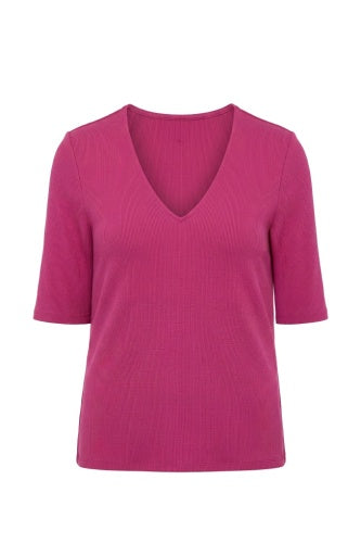Double Layer V Neck 1/2 Sleeve Rib Knit Top